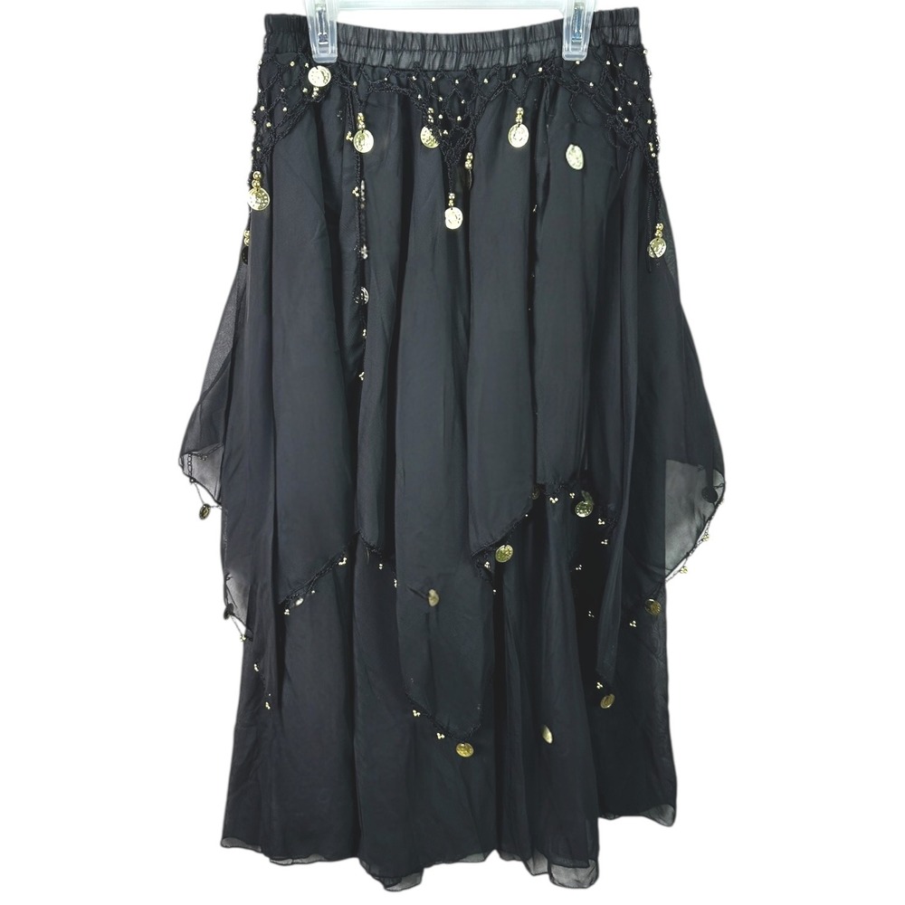 Black Belly Dance Skirt Gold Coin Beaded Tribal Fusion Performance Maxi L‎